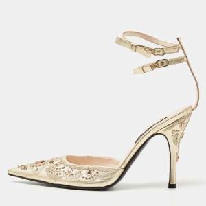Sergio Rossi Metallic Gold Leather Ankle Strap Pointed Toe Sandals Size 37.5