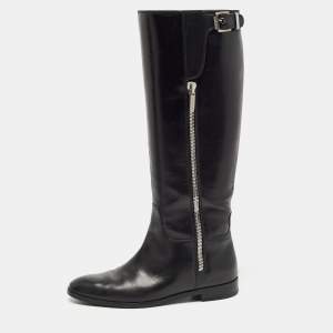 Pre Owned Sergio Rossi Black Leather Buckle Detail Knee Length Boots Size 38.5