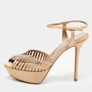 Pre Owned Sergio Rossi Light Brown Satin Crystal Embellished Ankle Strap Sandals Size 38.5