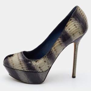 Pre Owned Sergio Rossi Multicolor Watersnake Leather Peep Toe Pumps Size 39