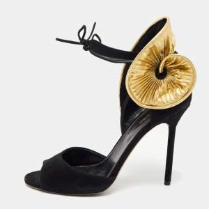 Sergio Rossi Black/Gold Leather And Suede Swirl Open Toe Sandal Size 39