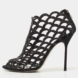 Pre Owned Sergio Rossi Black Suede Cut Out Caged Open Toe Ankle Boots Size 39.5