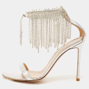Pre Owned Sergio Rossi Silver Leather Crystal Embellished Ankle Strap Sandals Size 39