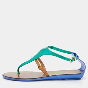 Pre Owned Sergio Rossi Tricolor Leather and Rubber T-Strap Flat Sandals Size 36