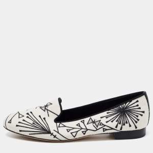 Sergio Rossi White/Black Canvas Embroidered Smoking Slippers Size 39.5