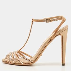 Pre Owned Sergio Rossi Gold Crystal Embellished Satin T-Bar Ankle Strap Sandals Size 36