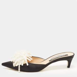 Sergio Rossi x Rosie Assoulin Black Satin Pearl Embellished Mules Size 39.5