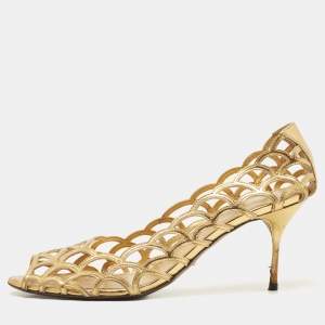 Sergio Rossi Metallic Gold Leather Laser Cut Peep Toe Pumps Size 41.5