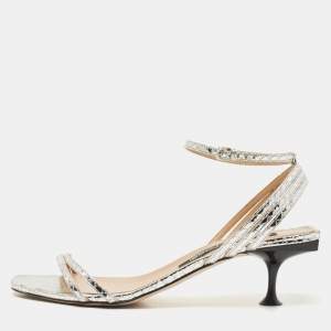 Pre Owned Sergio Rossi  Metallic Silver Python Embossed Leather Ankle Strap Sandals Size 41