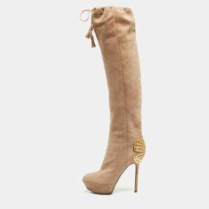 Sergio Rossi Beige Suede Knee Length Boots Size 38