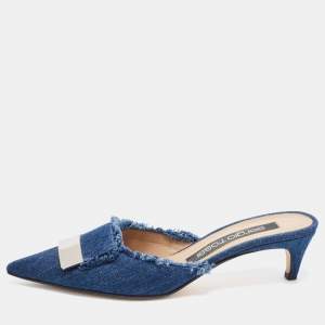 Pre Owned Sergio Rossi Blue Frayed Denim Pointed Toe Mules Size 38