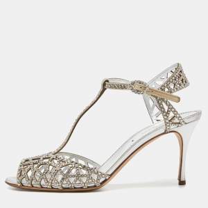 Pre Owned Sergio Rossi Silver Crystal Embellished Suede T-Bar Ankle Strap Sandals Size 38