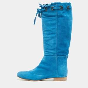 Pre Owned Sergio Rossi Blue Suede Bow Knee Length Boots Size 40