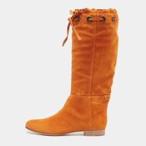 Pre Owned Sergio Rossi Orange Suede Bow Knee Length Boots Size 40