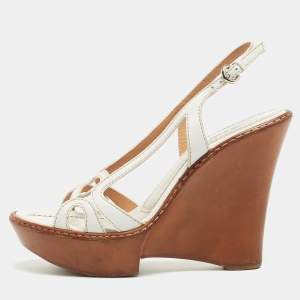Pre Owned Sergio Rossi White Cut Out Leather Slingback Wedge Sandals Size 36.5