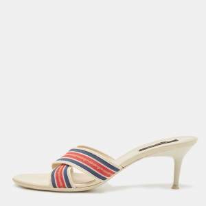 Pre Owned Sergio Rossi White Fabric and Leather Logo Cross Strap Slide Sandals Size 40