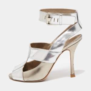 Sergio Rossi Silver Leather Open Toe Ankle Strap Sandals Size 37.5