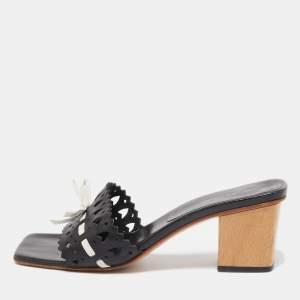 Sergio Rossi Black/White Laser Cut Leather Bow Detail Slide Sandals Size 37.5