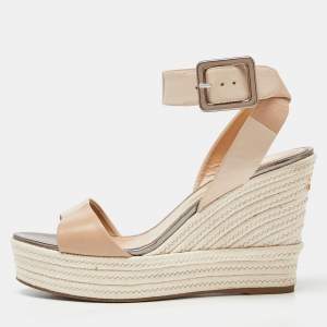 Pre Owned Sergio Rossi Beige Leather Espadrille Wedge Ankle Strap Sandals 39