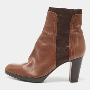 Pre Owned Sergio Rossi Brown Leather and Knit Fabric Ankle Boots Size 39