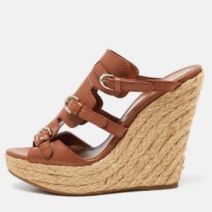 Pre Owned Sergio Rossi Brown Leather Espadrille Wedge Sandals Size 37