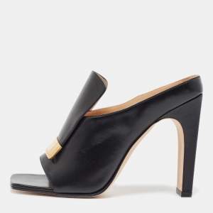 Pre Owned Sergio Rossi Black Leather Square Toe Slide Sandals Size 39