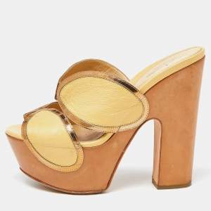 Sergio Rossi Yellow Leather Wooden Platform Slide Sandals Size 38