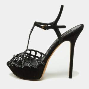 Sergio Rossi Black Crystal Embellished Suede T-Bar Ankle Strap Platform Sandals Size 38