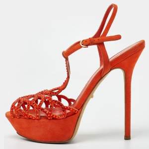 Pre Owned Sergio Rossi Orange Suede and Crystal Embellished Strappy Scalloped Platform Sandals Size 38.5