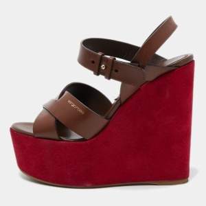 Sergio Rossi Pink/Brown Leather Wedge Platform Ankle Strap Sandals Size 37.5