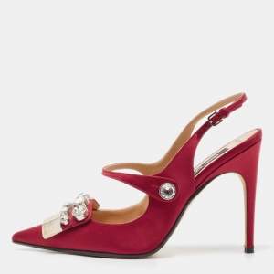 Pre Owned Sergio Rossi Burgundy Satin Crystal Embellished Slingback Pumps Size 37
