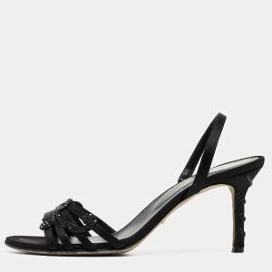 Sergio Rossi Black Satin Embellished Sandals Size 36.5
