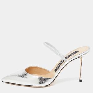 Pre Owned Sergio Rossi Silver Leather Embellished Slingback Pumps Size 38