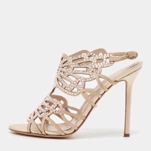 Pre Owned Sergio Rossi Beige Suede Crystal Embellished Slingback Sandals Size 39