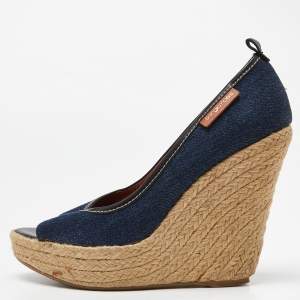 Pre Owned Sergio Rossi Blue/Black Denim and Leather Wedge Sandals Size 39