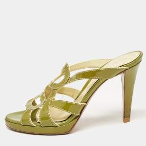 Sergio Rossi Green Patent Leather Platform Strappy Slide Sandals Size 39