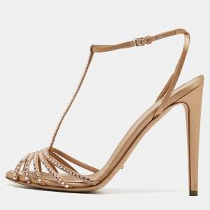 Pre Owned Sergio Rossi Metallic Crystal Embellished Satin T-Bar Ankle Strap Sandals Size 40