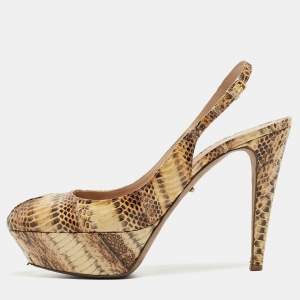 Sergio Rossi Beige Python Leather Peep Tee Platform Slingback Sandals Size 40