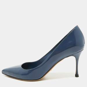 Sergio Rossi Navy Blue Patent Leather Pointed Toe Pumps Size 39