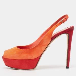 Sergio Rossi Orange Suede Peep Toe Slingback Pumps Size 37.5 