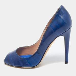 Pre Owned Sergio Rossi Blue Eel Leather Peep Toe Pumps Size 37.5