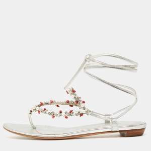 Sergio Rossi Silver Leather Crystal Embellished Ankle Wrap Flat Slides Size 37.5  