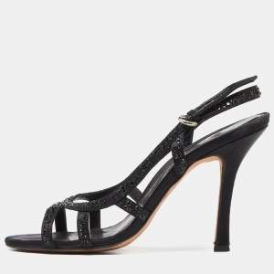 Sergio Rossi Black Satin Crystal Embellished Ankle Strap Sandals Size 37.5