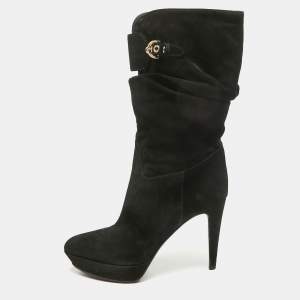Sergio Rossi Black Suede Buckle Mid Calf Boots Size 40 