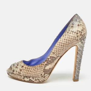 Sergio Rossi Beige Python Leather Peep Toe Pumps Size 37.5