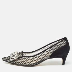 Sergio Rossi Black Suede and Mesh Crystals Pumps Size 37