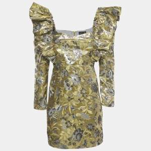 Pre Owned Sister Jane Gold/Silver Floral Pattern Jacquard Puff Sleeve Mini Dress S