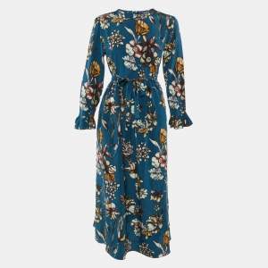 Pre Owned S' Max Mara Teal Blue Floral Print Silk Midi Dress L