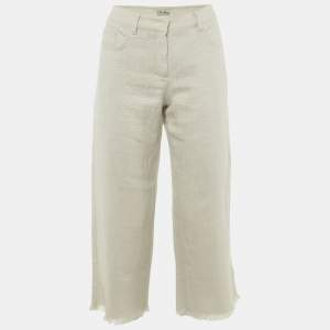 Pre Owned S'Max Mara Beige Textured Linen Frayed Hem Trousers M