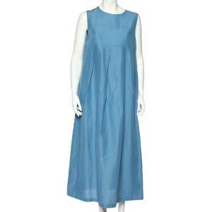 'S Max Mara Blue Cotton Pleated Detail Sleeveless Tulia Maxi Dress L